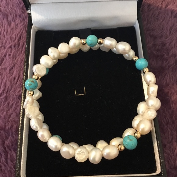 Beautiful Pearl Turquoise & 14K Gold Wrap Bracelet ,Large - Picture 2 of 8